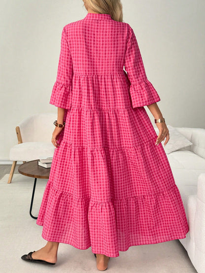 LUNE Casual Boho Women's Autumn Vacation Plaid Beach Picnic Dress Pink Plaid Gingham Clothes Outfits Holiday