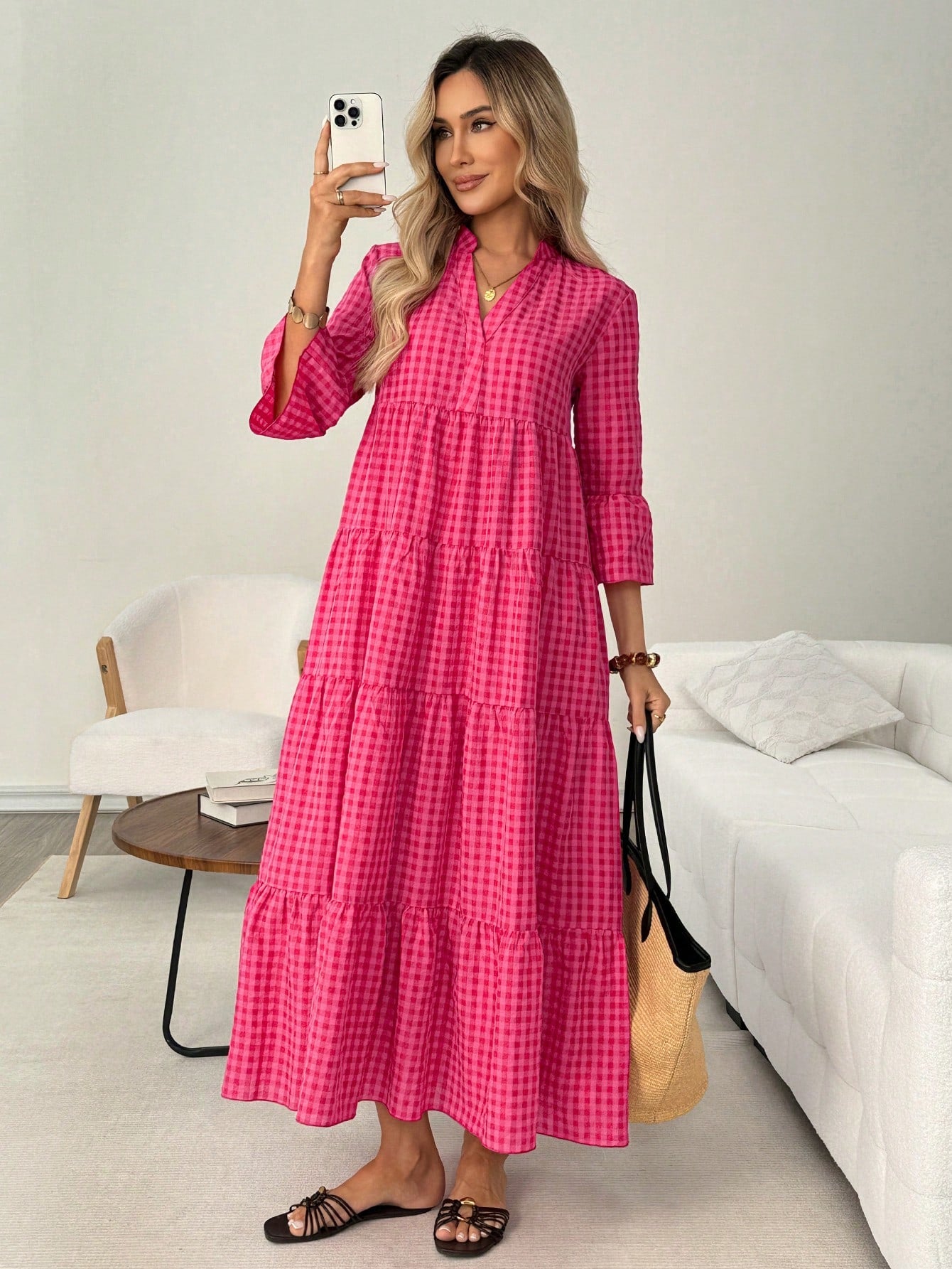 LUNE Casual Boho Women's Autumn Vacation Plaid Beach Picnic Dress Pink Plaid Gingham Clothes Outfits Holiday