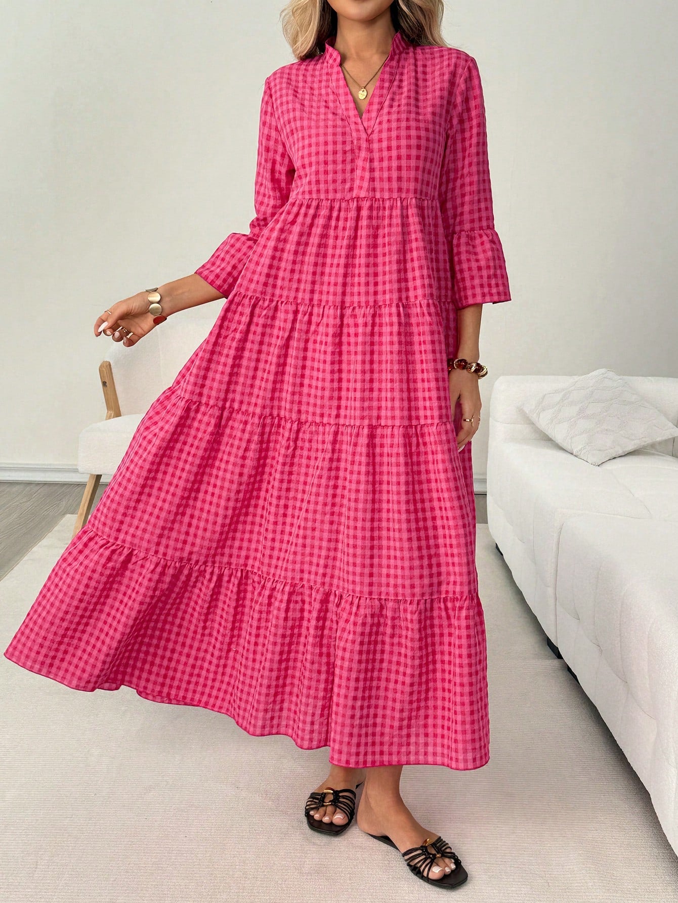 LUNE Casual Boho Women's Autumn Vacation Plaid Beach Picnic Dress Pink Plaid Gingham Clothes Outfits Holiday