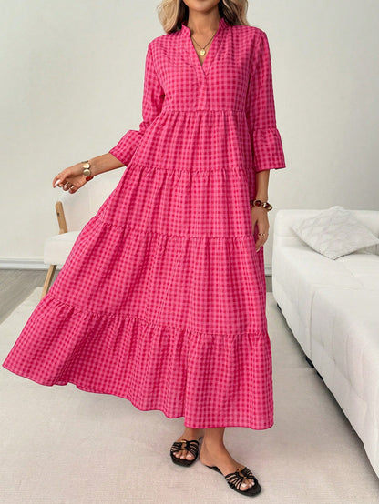 LUNE Casual Boho Women's Autumn Vacation Plaid Beach Picnic Dress Pink Plaid Gingham Clothes Outfits Holiday