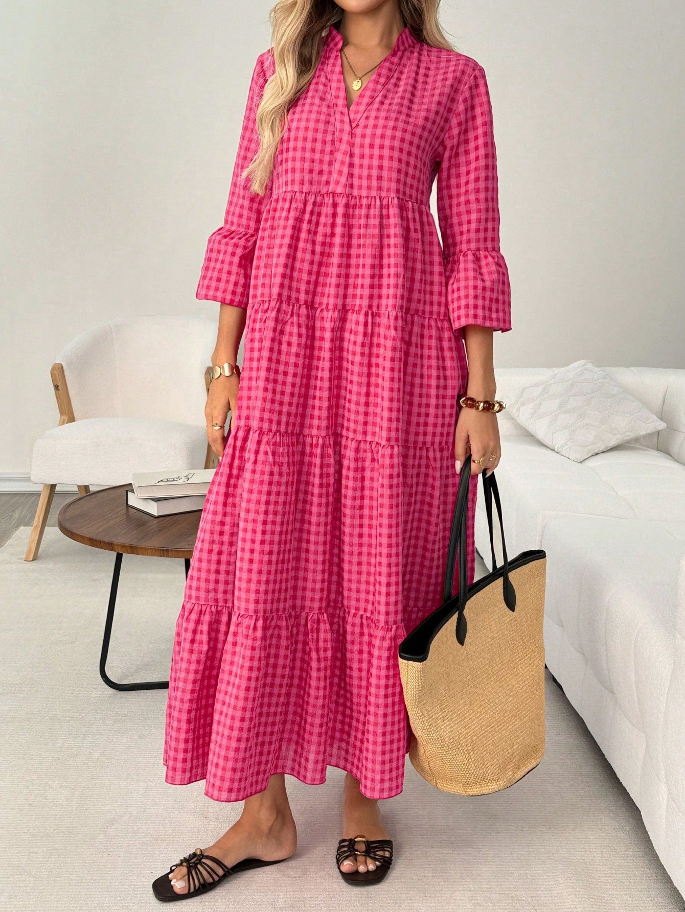 LUNE Casual Boho Women's Autumn Vacation Plaid Beach Picnic Dress Pink Plaid Gingham Clothes Outfits Holiday
