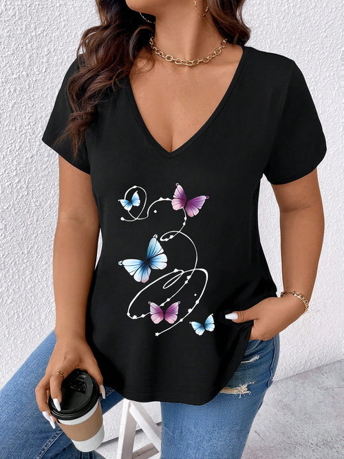 LUNE Plus Size Solid Black Abstract Line Gradient Butterfly Print V Neck Short Sleeve Curved Hem Loose Lightweight Basic Tee Women Summer Daily Casual Top