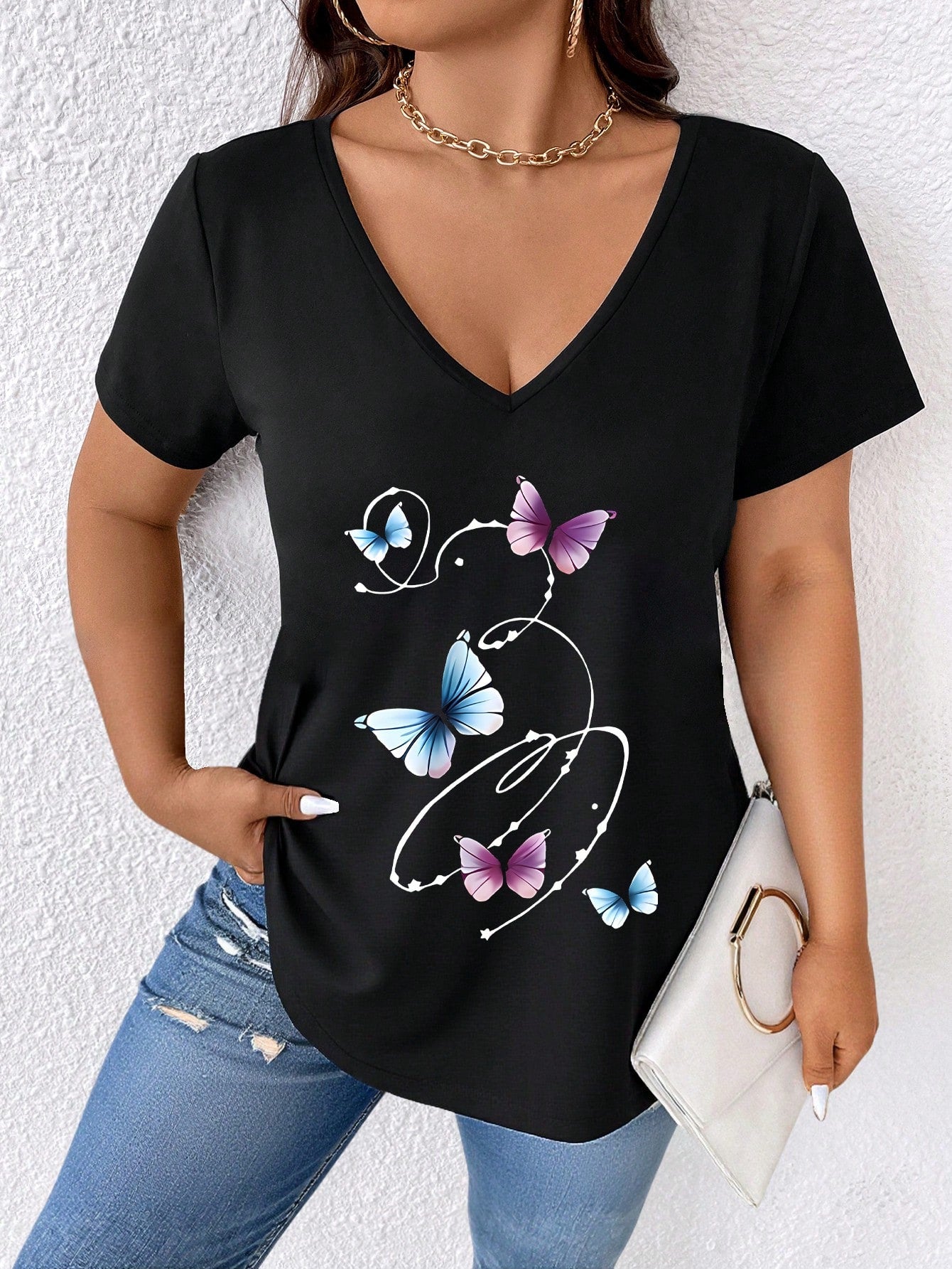 LUNE Plus Size Solid Black Abstract Line Gradient Butterfly Print V Neck Short Sleeve Curved Hem Loose Lightweight Basic Tee Women Summer Daily Casual Top