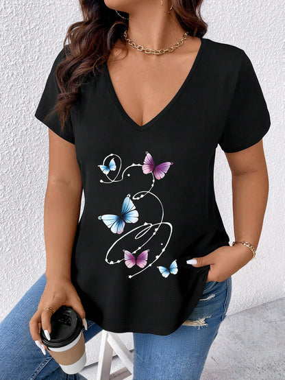 LUNE Plus Size Solid Black Abstract Line Gradient Butterfly Print V Neck Short Sleeve Curved Hem Loose Lightweight Basic Tee Women Summer Daily Casual Top
