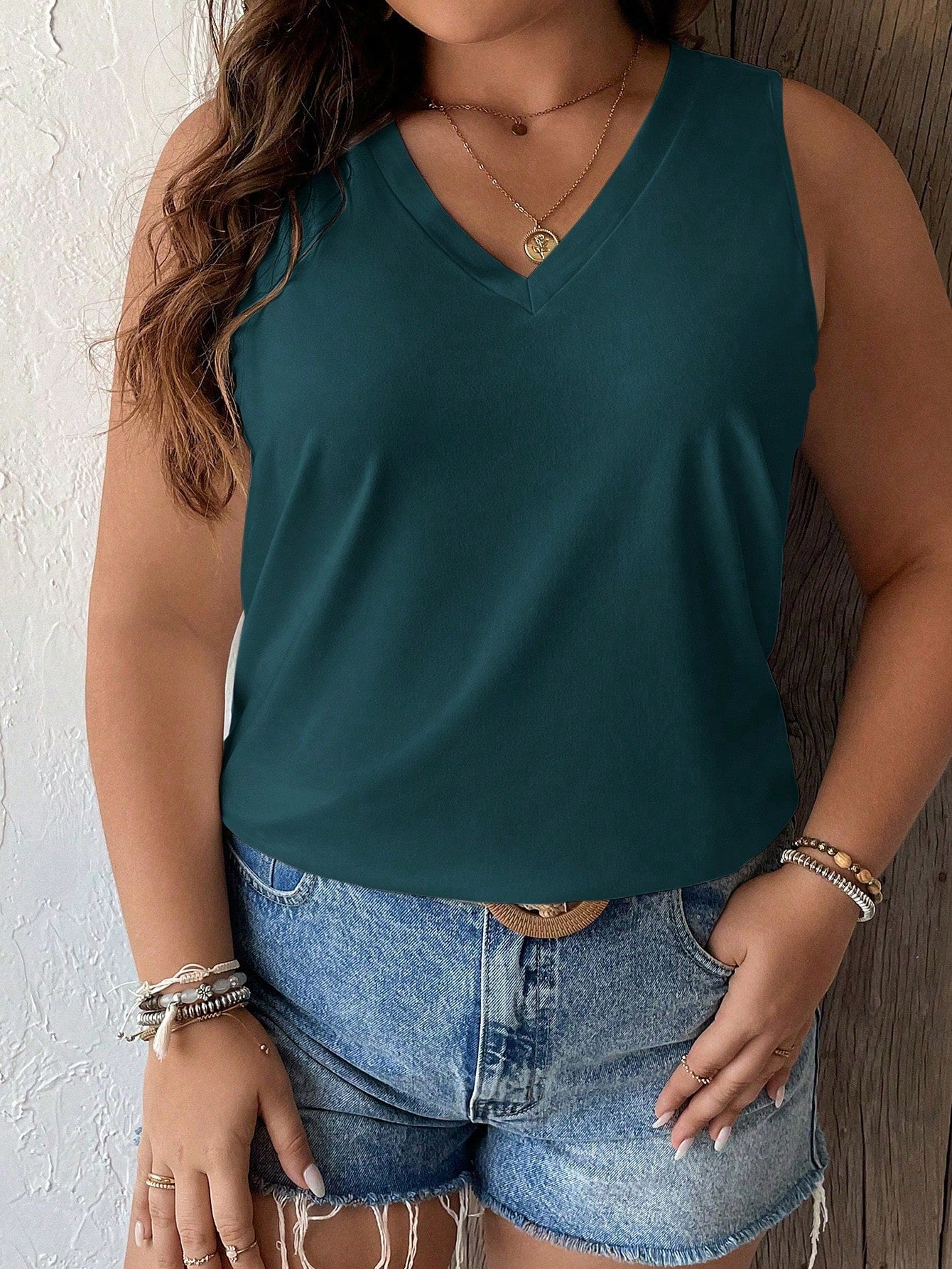 LUNE Plus Size Summer Casual Solid Color Curved Hem Tank Top Green Teal Turquoise