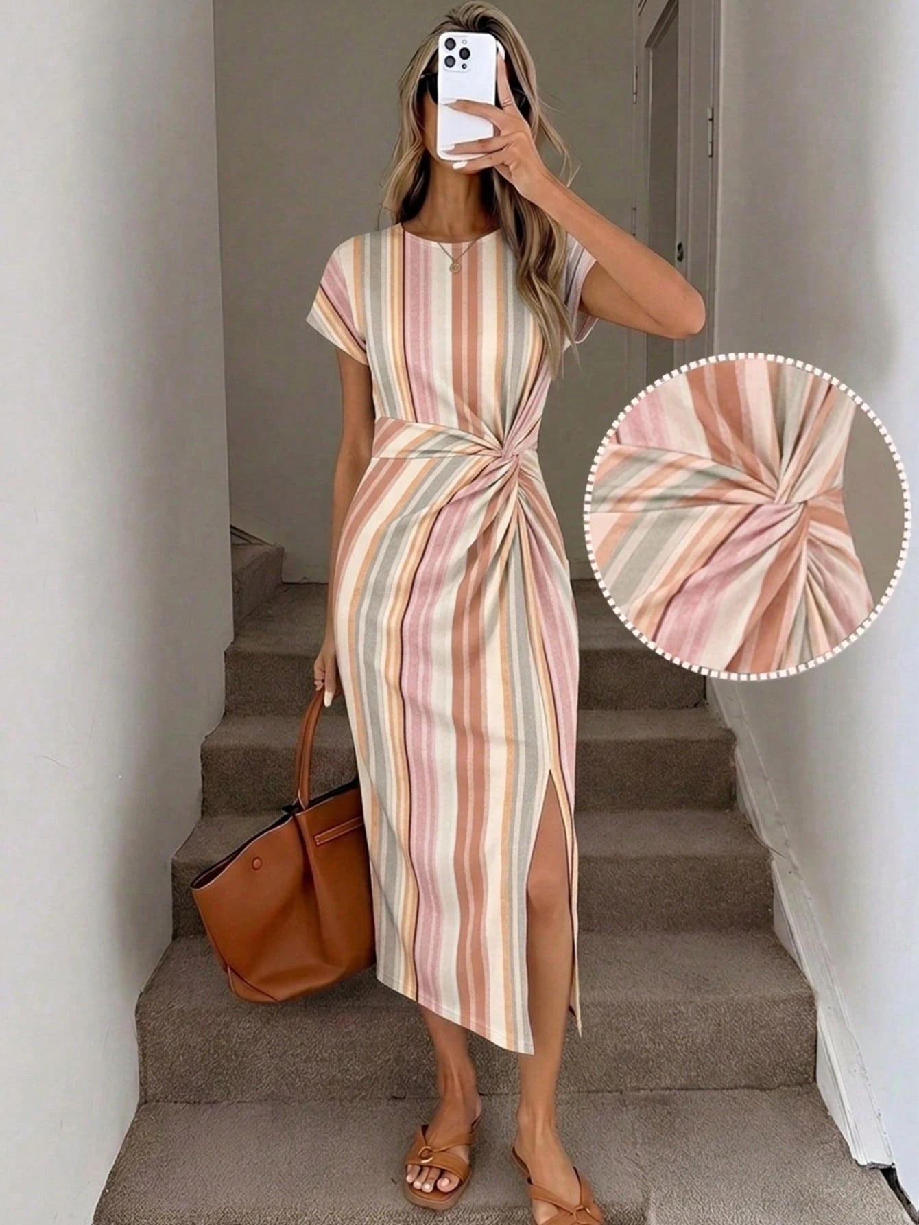 LUNE Printed Summer Daily Elegant Waist Knot High Slit Sleeveless Mid-Length Dress Women Casual Knitted Texture Bodycon Dress Women Birthday Outfit Women Fitness Set Women Wedding Guest Dress Wo