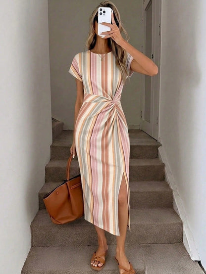 LUNE Printed Summer Daily Elegant Waist Knot High Slit Sleeveless Mid-Length Dress Women Casual Knitted Texture Bodycon Dress Women Birthday Outfit Women Fitness Set Women Wedding Guest Dress Wo