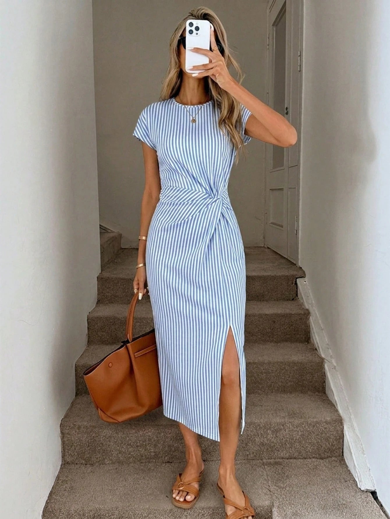 LUNE Printed Summer Daily Elegant Waist Knot High Slit Sleeveless Mid-Length Dress Women Casual Knitted Texture Bodycon Dress Women Birthday Outfit Women Fitness Set Women Wedding Guest Dress Wo