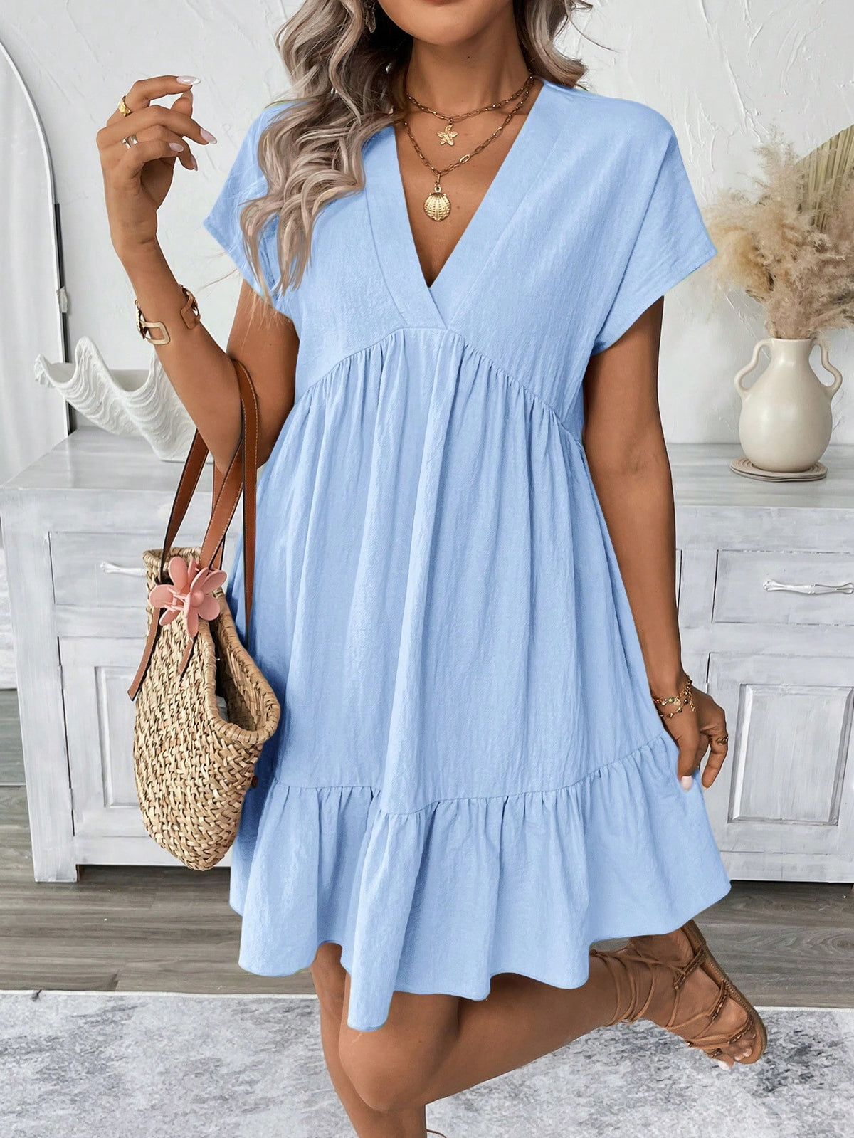 LUNE Short Pink Casual Vacation Romantic Beach Summer Dress For Women Baby Blue Dress,Sun Dresses For Women,Casual
