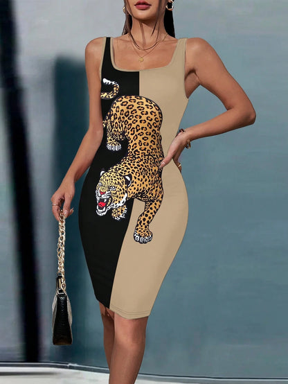 LUNE Summer Fashion Color Block Leopard Print Sleeveless Bodycon Dress