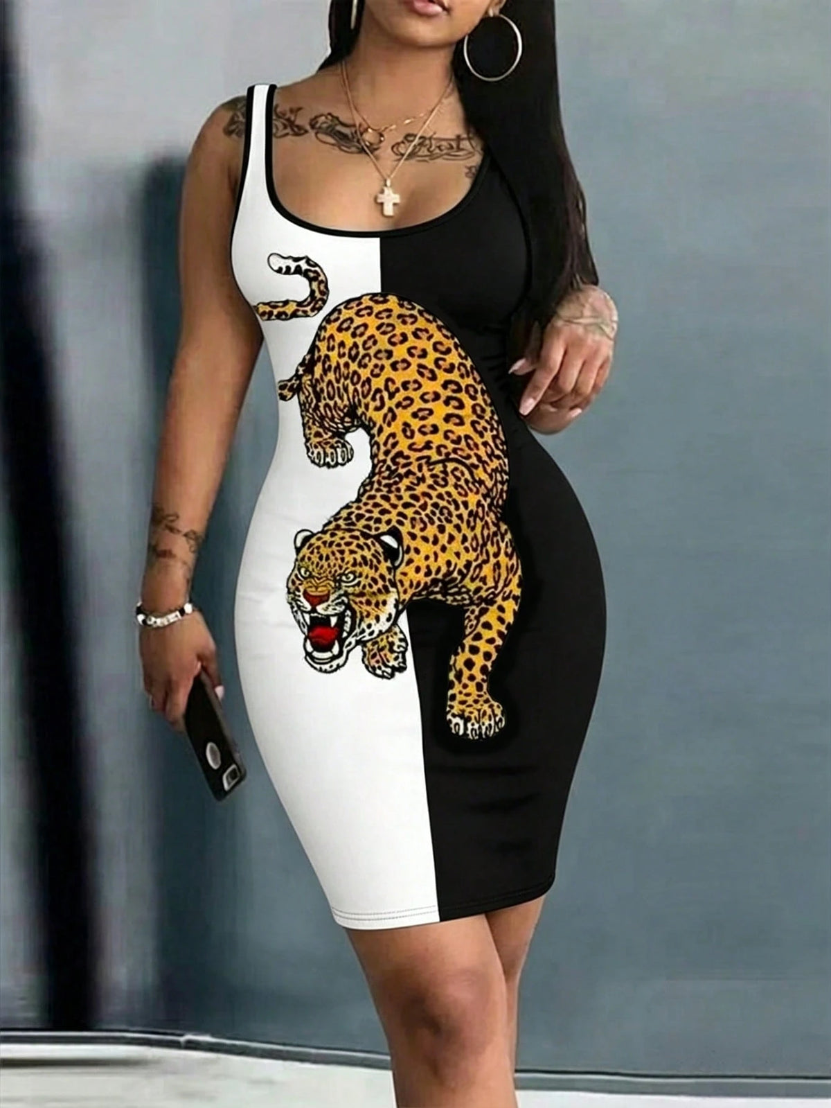 LUNE Summer Fashion Color Block Leopard Print Sleeveless Bodycon Dress