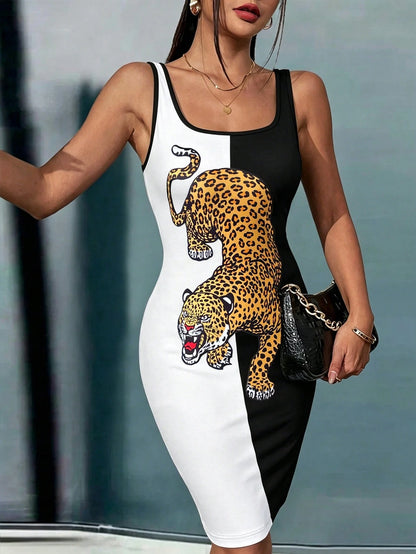 LUNE Summer Fashion Color Block Leopard Print Sleeveless Bodycon Dress