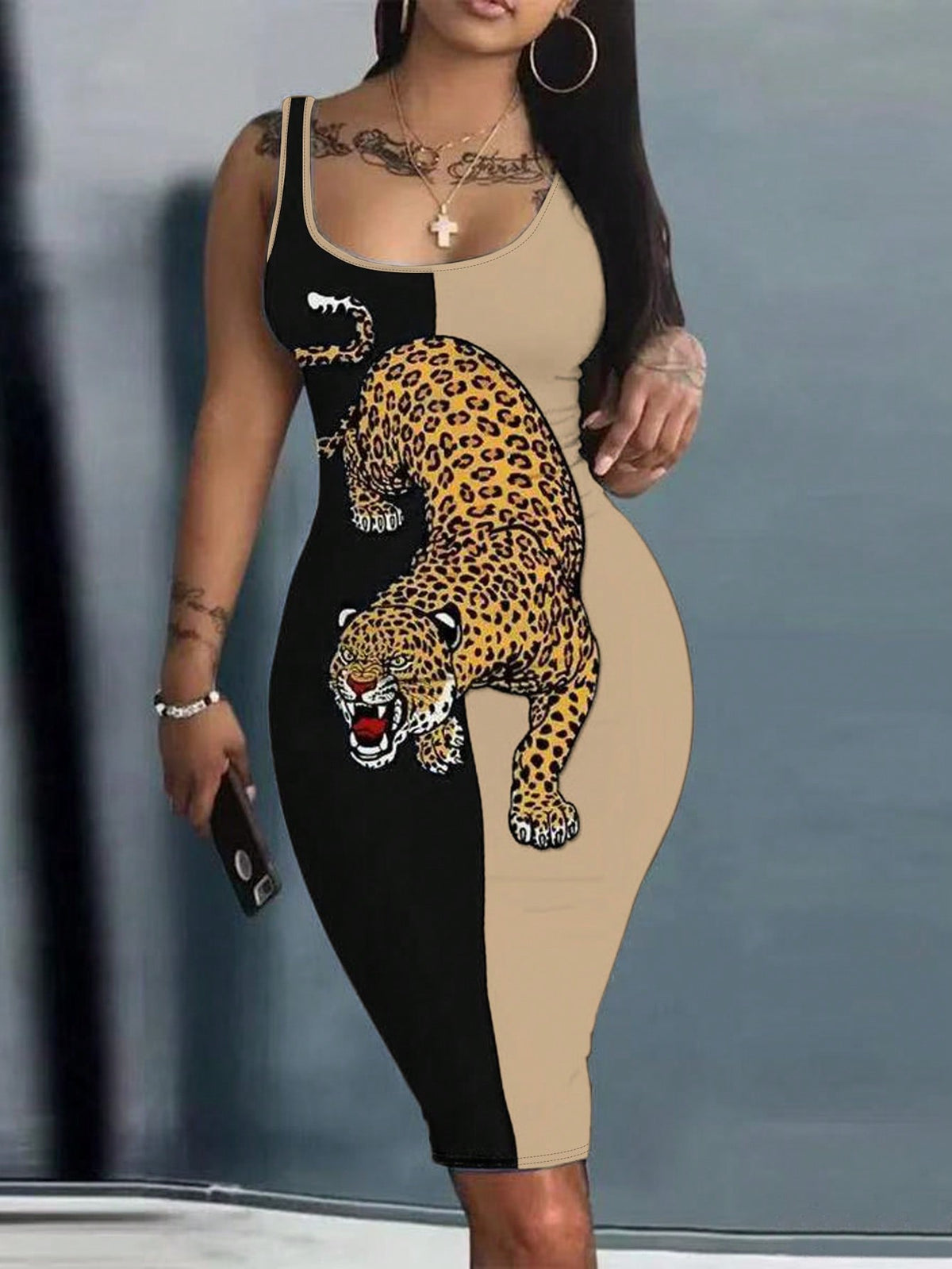 LUNE Summer Fashion Color Block Leopard Print Sleeveless Bodycon Dress