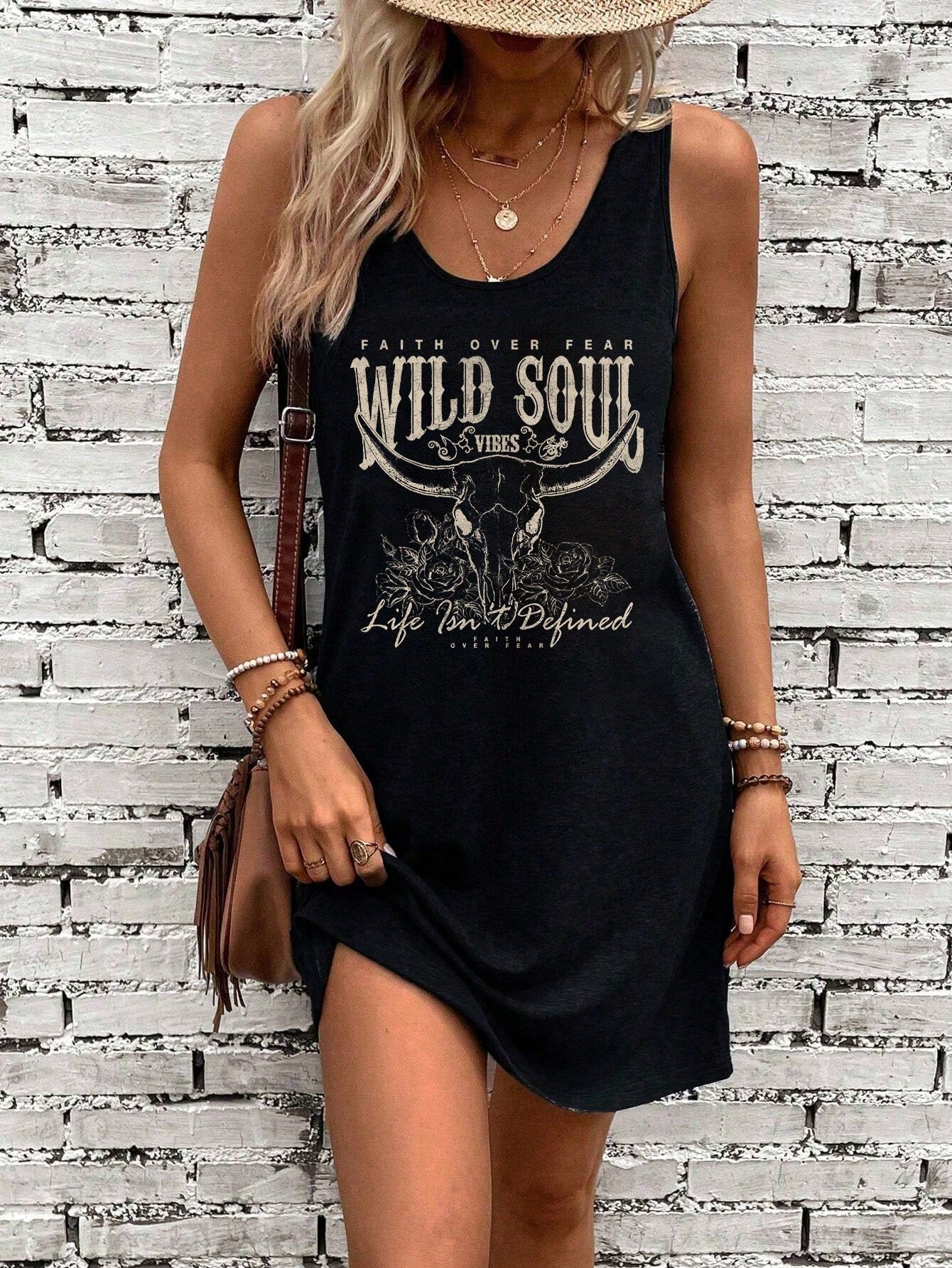 LUNE WILD Casual Western Bull Head & Letter Print Sleeveless Dress, Suitable For Summer,Summer Dresses For Women Chic Dress,Casual