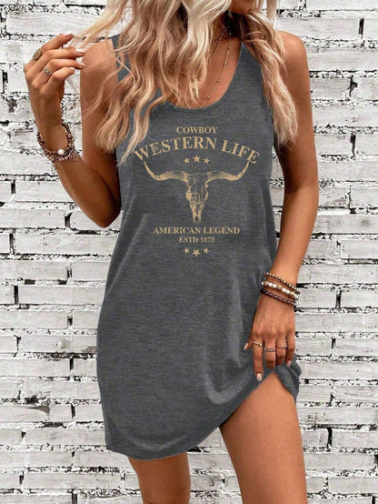 LUNE WILD Casual Western Bull Head & Letter Print Sleeveless Dress, Suitable For Summer,Summer Dresses For Women Chic Dress,Casual