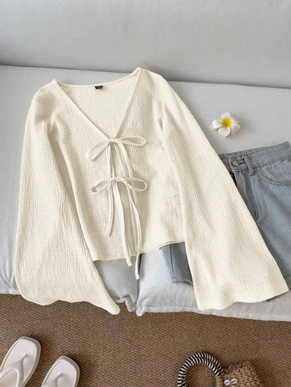 LUNE Women's Casual Solid Color Tie Cuff Flare Sleeve Blouse V Neck Top Tie Front Top Knit Top Bell Sleeve Top Cottagecore Top,Casual