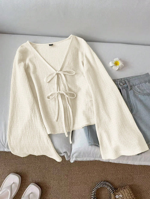 LUNE Women's Casual Solid Color Tie Cuff Flare Sleeve Blouse V Neck Top Tie Front Top Knit Top Bell Sleeve Top Cottagecore Top,Casual