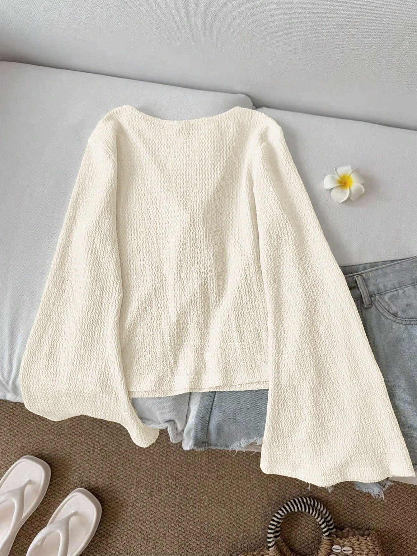 LUNE Women's Casual Solid Color Tie Cuff Flare Sleeve Blouse V Neck Top Tie Front Top Knit Top Bell Sleeve Top Cottagecore Top,Casual
