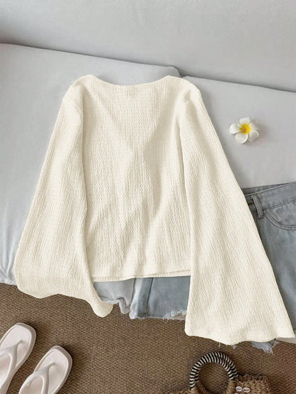 LUNE Women's Casual Solid Color Tie Cuff Flare Sleeve Blouse V Neck Top Tie Front Top Knit Top Bell Sleeve Top Cottagecore Top,Casual