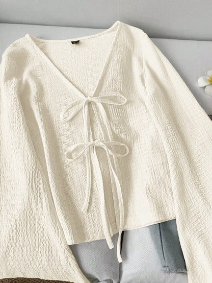 LUNE Women's Casual Solid Color Tie Cuff Flare Sleeve Blouse V Neck Top Tie Front Top Knit Top Bell Sleeve Top Cottagecore Top,Casual