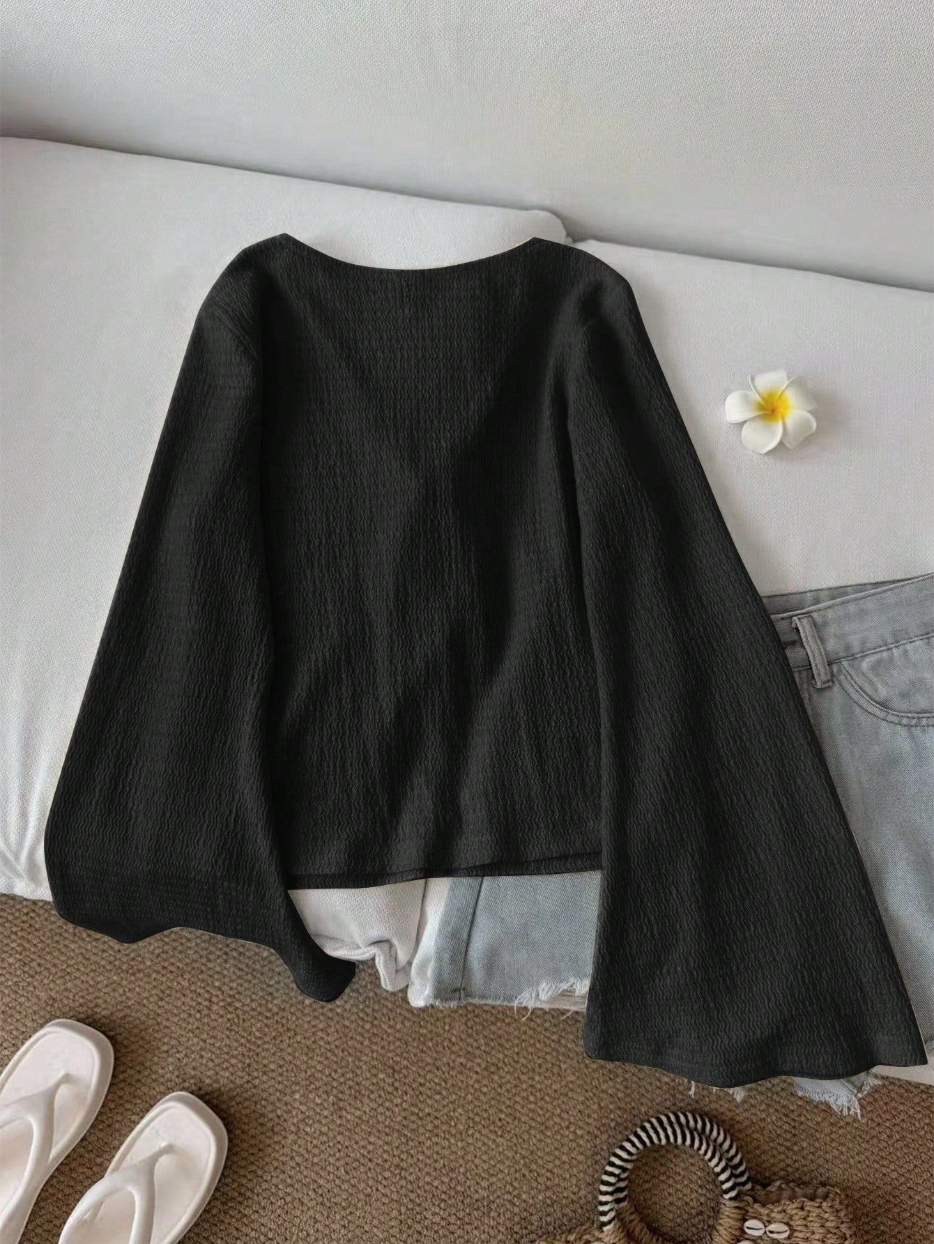LUNE Women's Casual Solid Color Tie Cuff Flare Sleeve Blouse V Neck Top Tie Front Top Knit Top Bell Sleeve Top Cottagecore Top,Casual