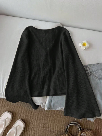 LUNE Women's Casual Solid Color Tie Cuff Flare Sleeve Blouse V Neck Top Tie Front Top Knit Top Bell Sleeve Top Cottagecore Top,Casual