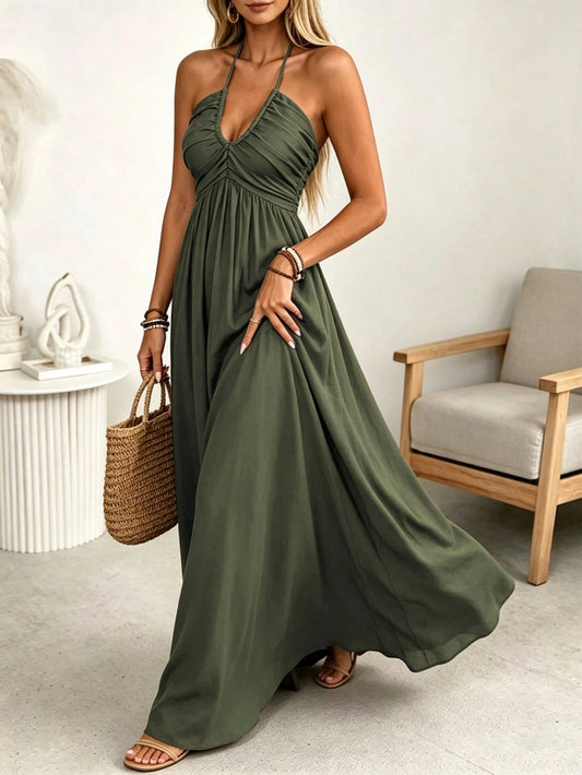 LUNE Women's Spring/Summer Brown Single-Thread Slub Linen Blend Rayon Spaghetti Strap Tie Bow Front Double Layer Pleated Shirred A-Line Back Waist Gathered Adjustable A-Line Long Cami Dress, Ele