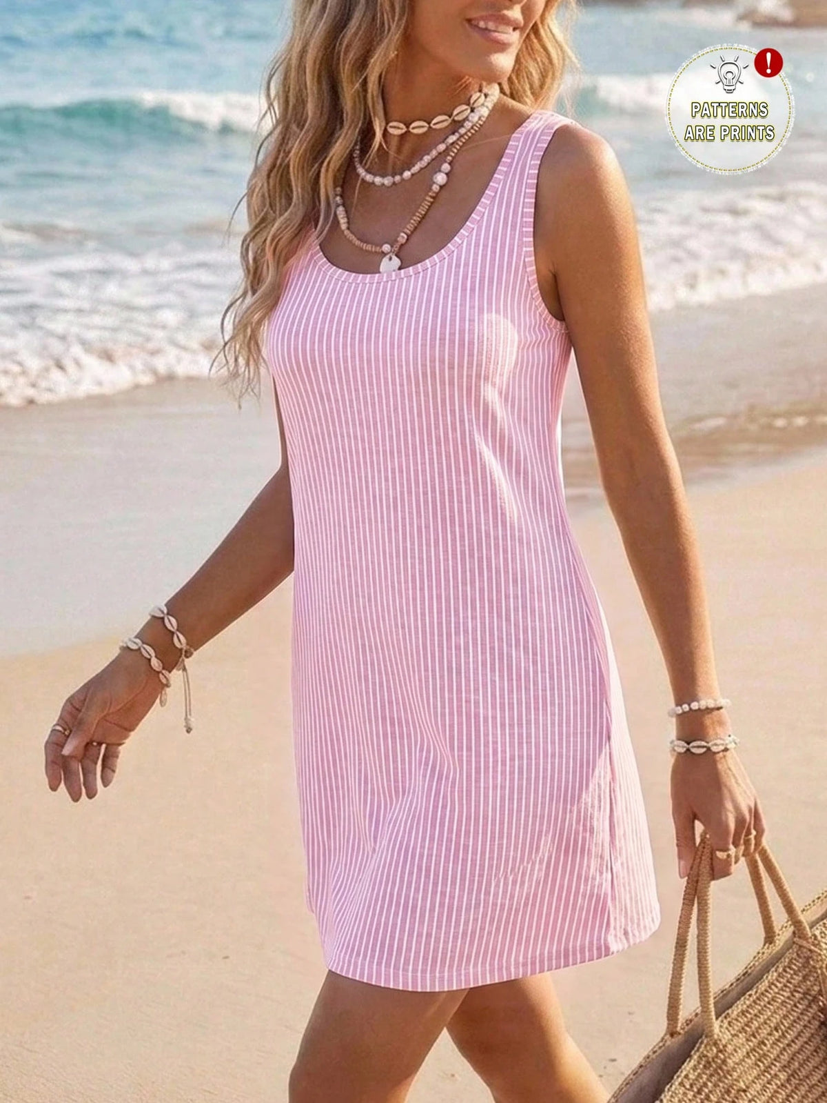 LUNE Women's Striped Round Neck Casual Tropical Sleeveless Mini Dress Beach Vacation Pink And White Striped Summer