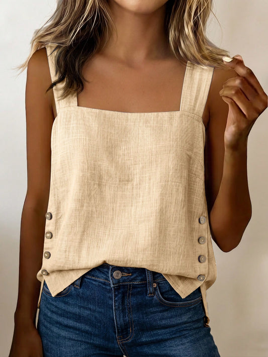 LUNE Women's Summer Blue Square Neck Camisole Tank Top With Coconut Button Side Decor, Loose Fit, Beach Vacation Street Style, Casual Holiday Wear, Versatile Fashion Essential, Niche Design