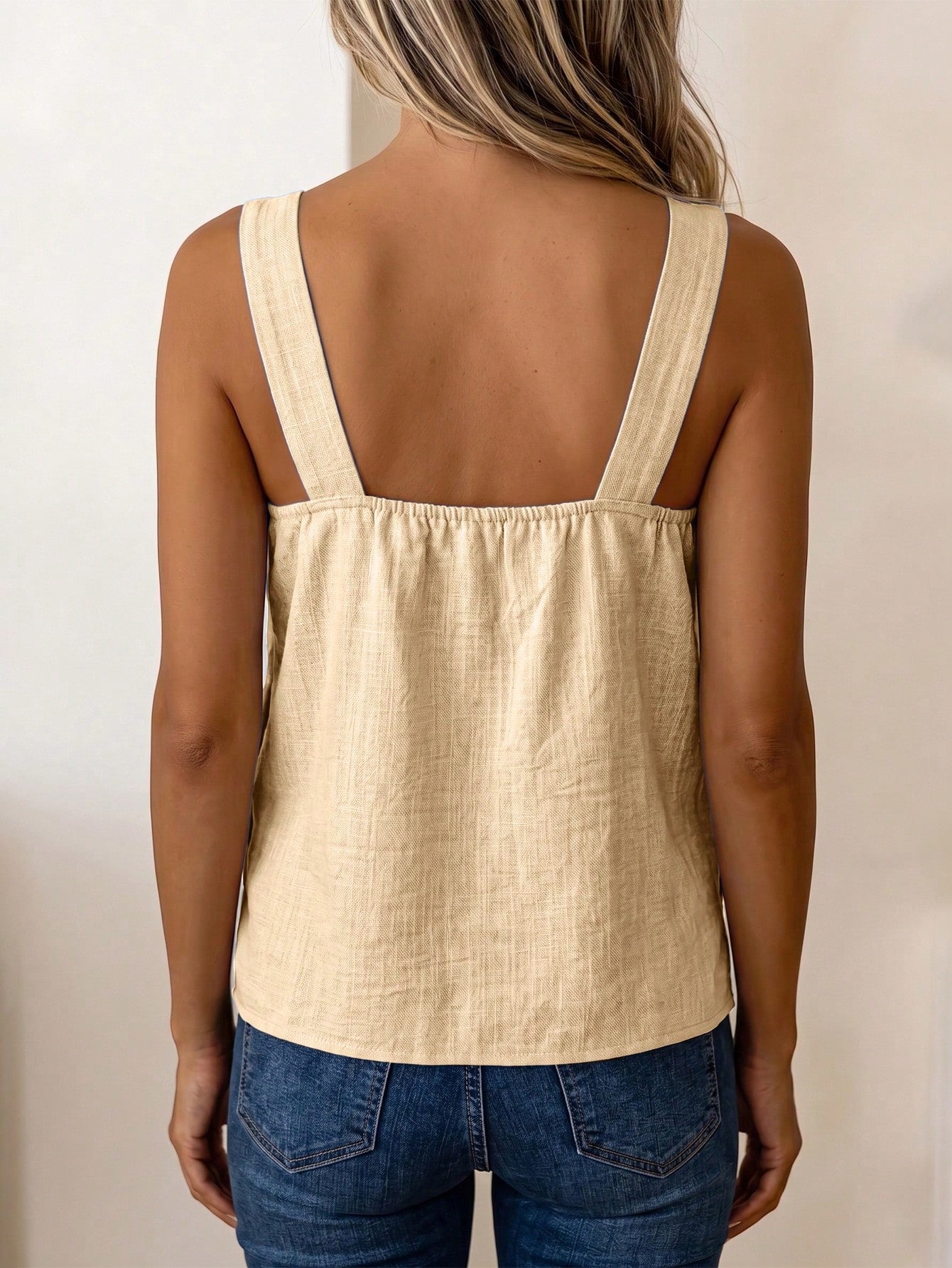 LUNE Women's Summer Blue Square Neck Camisole Tank Top With Coconut Button Side Decor, Loose Fit, Beach Vacation Street Style, Casual Holiday Wear, Versatile Fashion Essential, Niche Design