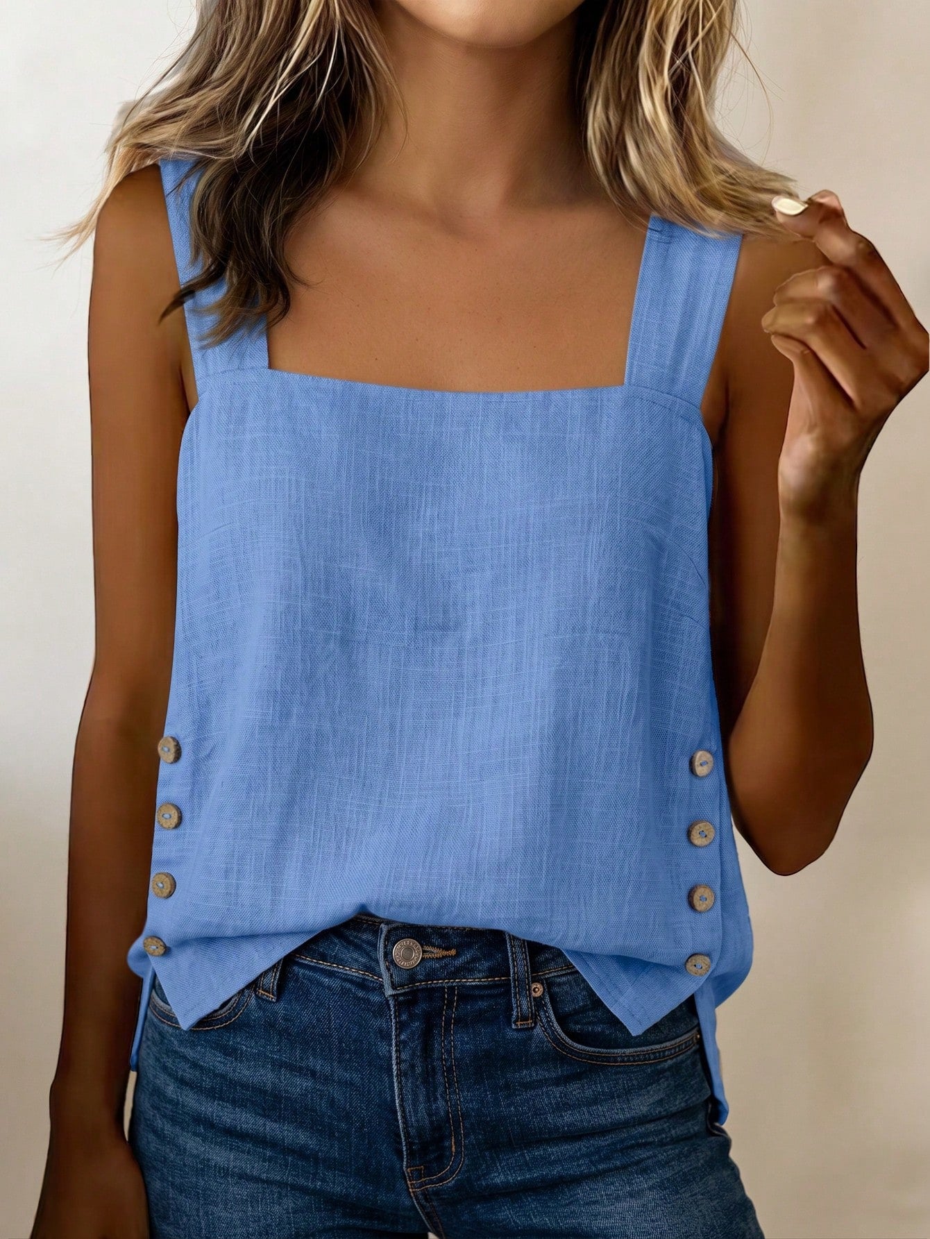 LUNE Women's Summer Blue Square Neck Camisole Tank Top With Coconut Button Side Decor, Loose Fit, Beach Vacation Street Style, Casual Holiday Wear, Versatile Fashion Essential, Niche Design