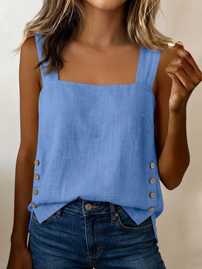 LUNE Women's Summer Blue Square Neck Camisole Tank Top With Coconut Button Side Decor, Loose Fit, Beach Vacation Street Style, Casual Holiday Wear, Versatile Fashion Essential, Niche Design