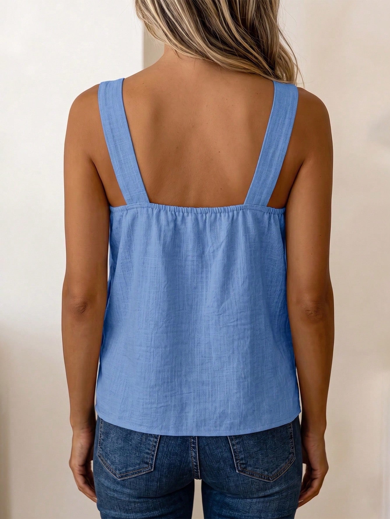 LUNE Women's Summer Blue Square Neck Camisole Tank Top With Coconut Button Side Decor, Loose Fit, Beach Vacation Street Style, Casual Holiday Wear, Versatile Fashion Essential, Niche Design