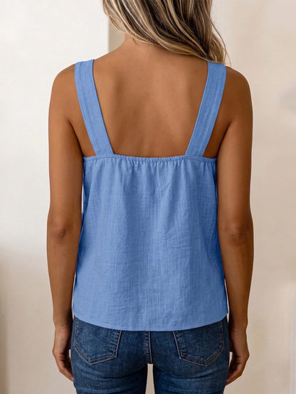 LUNE Women's Summer Blue Square Neck Camisole Tank Top With Coconut Button Side Decor, Loose Fit, Beach Vacation Street Style, Casual Holiday Wear, Versatile Fashion Essential, Niche Design