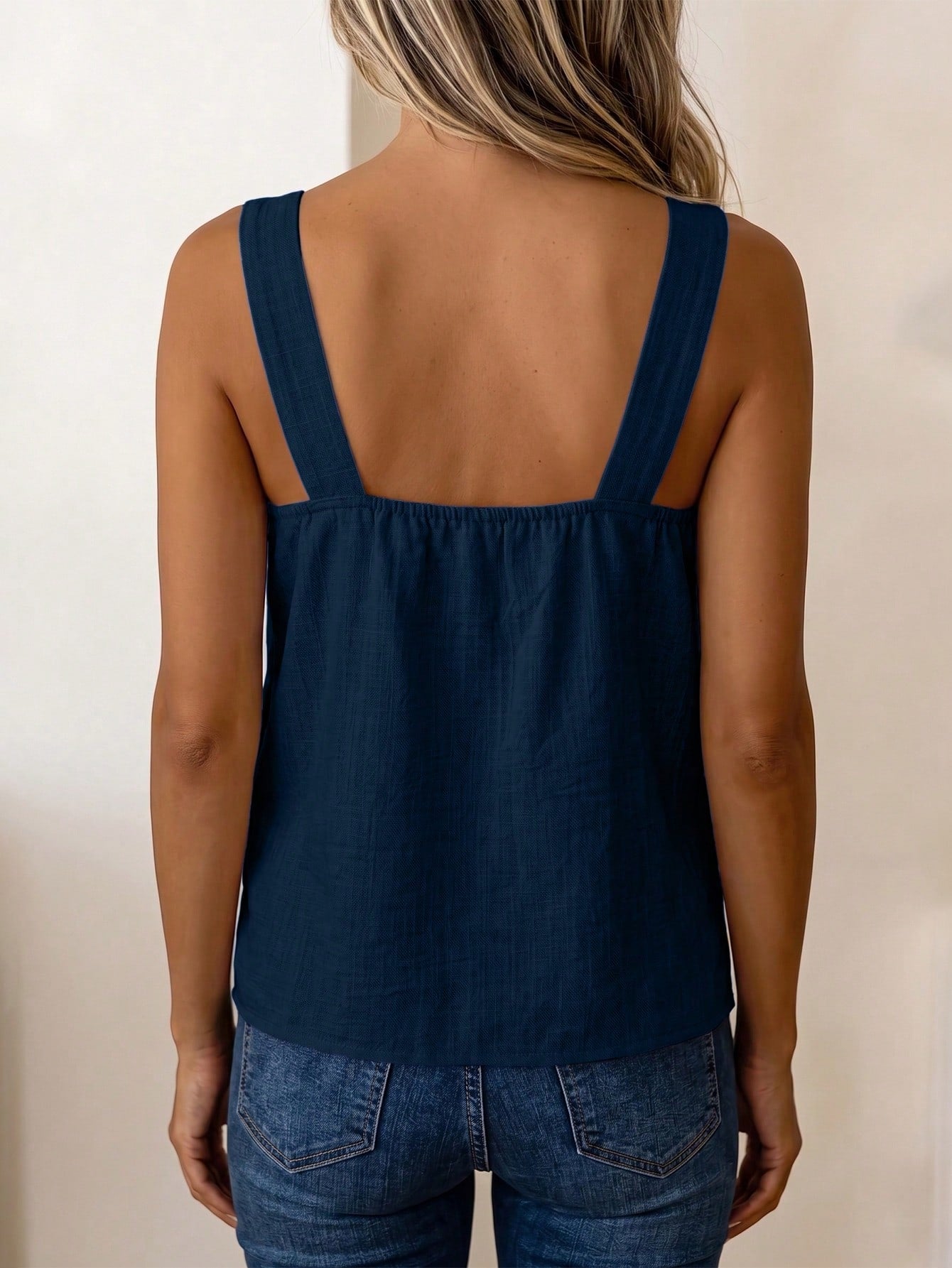 LUNE Women's Summer Blue Square Neck Camisole Tank Top With Coconut Button Side Decor, Loose Fit, Beach Vacation Street Style, Casual Holiday Wear, Versatile Fashion Essential, Niche Design