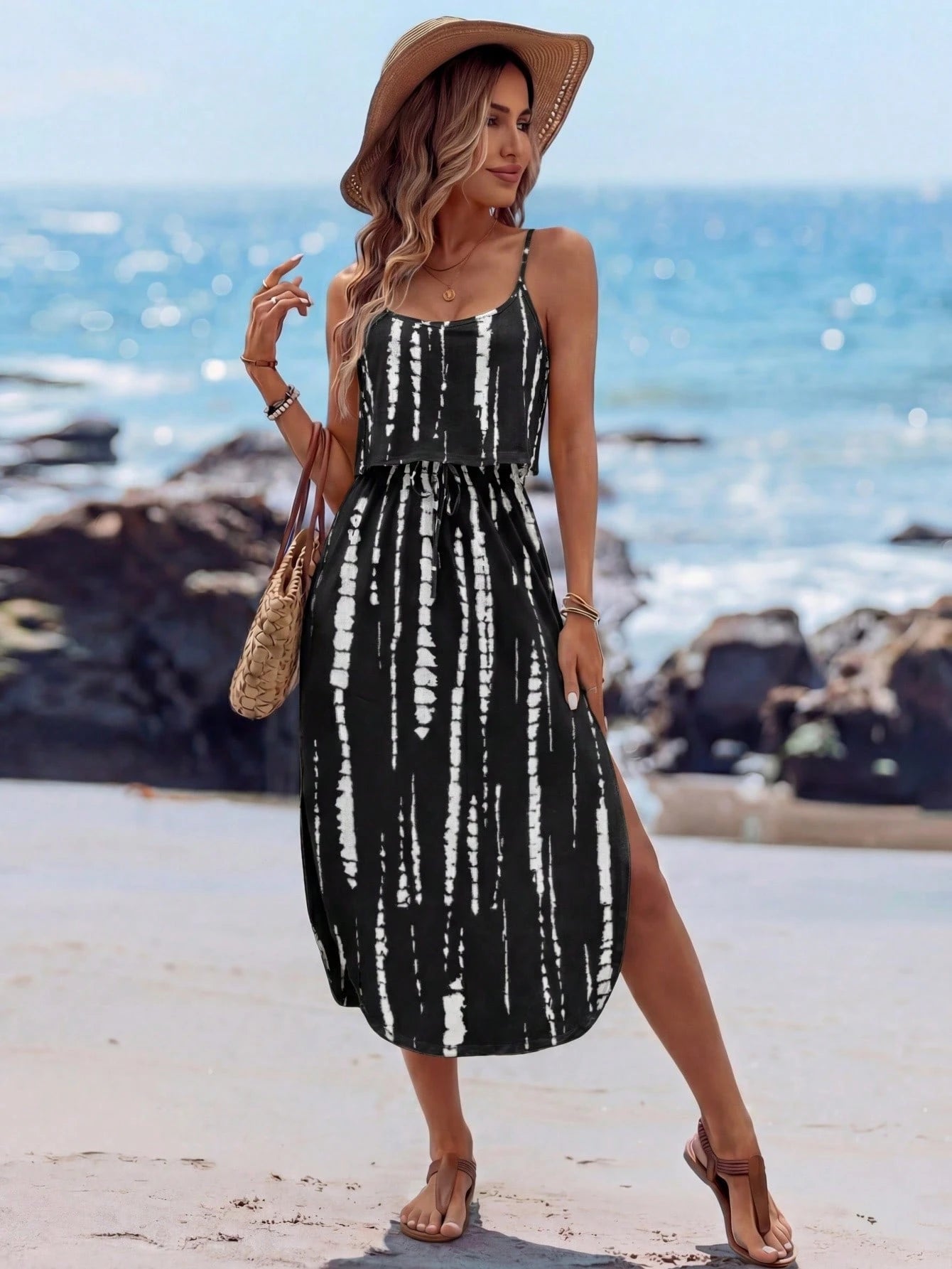 LUNE Women's Summer Breathable Tie-Dye Fitted Strap Slit Dress,Summer Dresses For Women