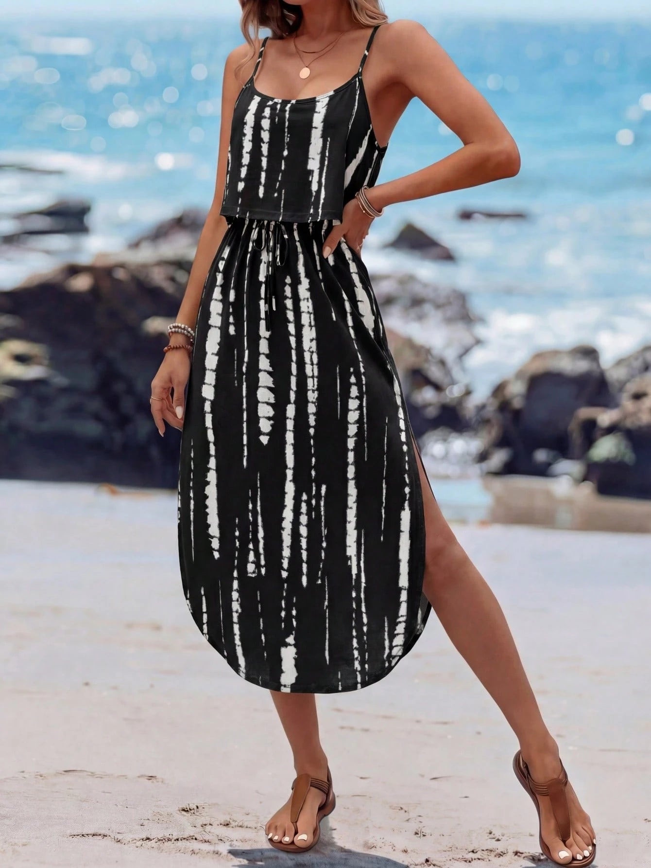 LUNE Women's Summer Breathable Tie-Dye Fitted Strap Slit Dress,Summer Dresses For Women