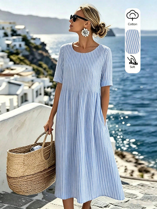 LUNE Women's Summer Casual Linen-Like Cotton Blue And White Stripe Round Neck Short Sleeve Dress,Retro Holiday,Vacation,Holiday Commuting Versatile Dress