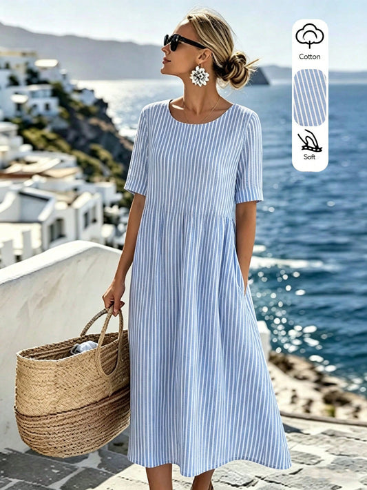 LUNE Women's Summer Casual Linen-Like Cotton Blue And White Stripe Round Neck Short Sleeve Dress,Retro Holiday,Vacation,Holiday Commuting Versatile Dress