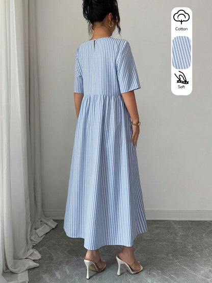LUNE Women's Summer Casual Linen-Like Cotton Blue And White Stripe Round Neck Short Sleeve Dress,Retro Holiday,Vacation,Holiday Commuting Versatile Dress