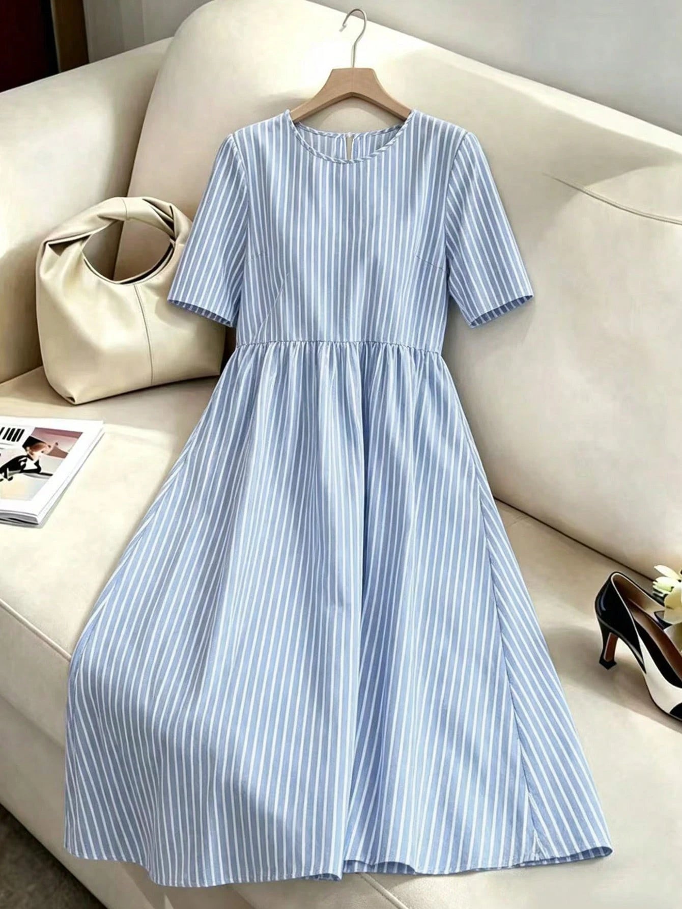 LUNE Women's Summer Casual Linen-Like Cotton Blue And White Stripe Round Neck Short Sleeve Dress,Retro Holiday,Vacation,Holiday Commuting Versatile Dress