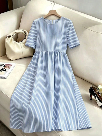 LUNE Women's Summer Casual Linen-Like Cotton Blue And White Stripe Round Neck Short Sleeve Dress,Retro Holiday,Vacation,Holiday Commuting Versatile Dress