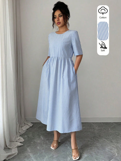 LUNE Women's Summer Casual Linen-Like Cotton Blue And White Stripe Round Neck Short Sleeve Dress,Retro Holiday,Vacation,Holiday Commuting Versatile Dress