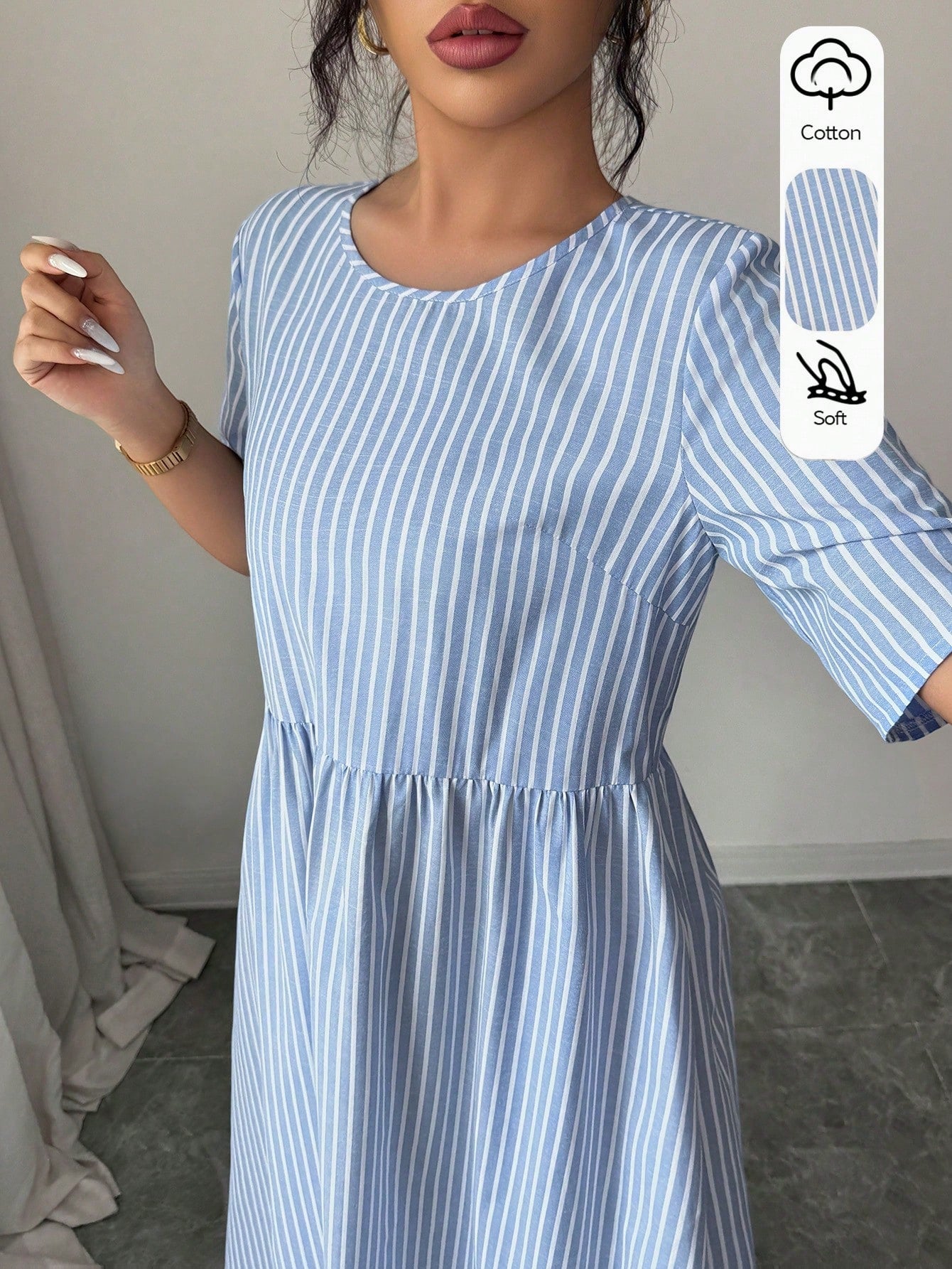 LUNE Women's Summer Casual Linen-Like Cotton Blue And White Stripe Round Neck Short Sleeve Dress,Retro Holiday,Vacation,Holiday Commuting Versatile Dress