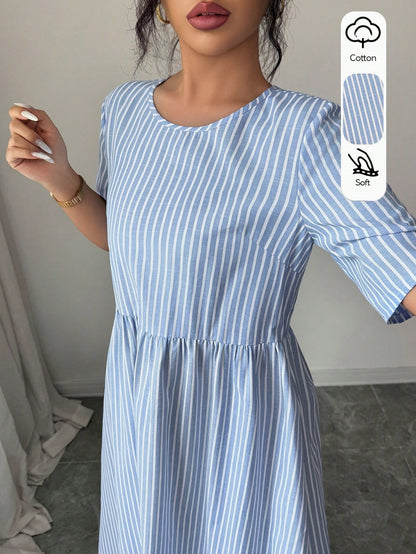 LUNE Women's Summer Casual Linen-Like Cotton Blue And White Stripe Round Neck Short Sleeve Dress,Retro Holiday,Vacation,Holiday Commuting Versatile Dress