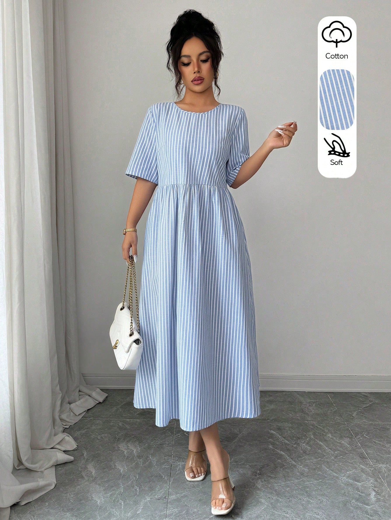 LUNE Women's Summer Casual Linen-Like Cotton Blue And White Stripe Round Neck Short Sleeve Dress,Retro Holiday,Vacation,Holiday Commuting Versatile Dress