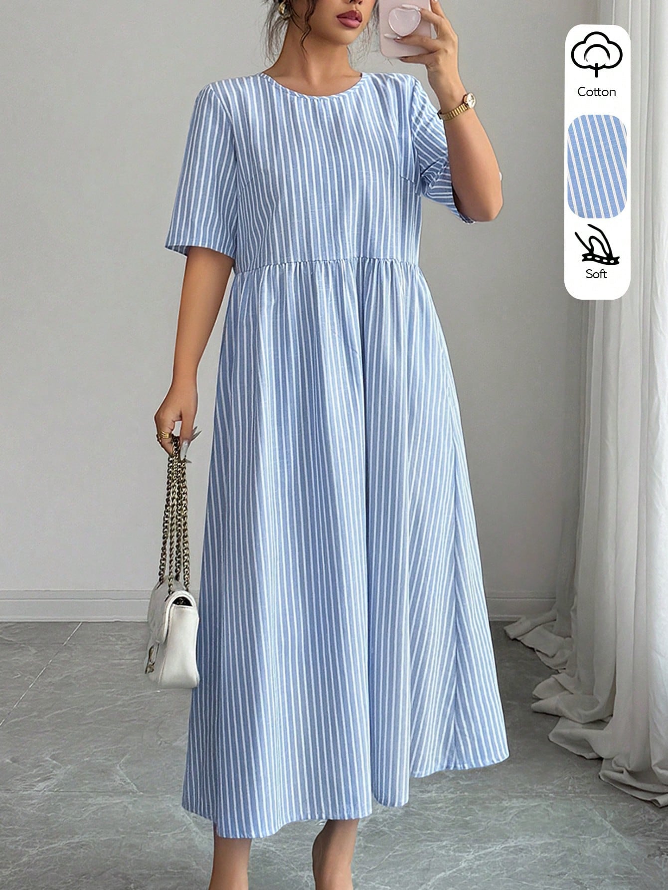 LUNE Women's Summer Casual Linen-Like Cotton Blue And White Stripe Round Neck Short Sleeve Dress,Retro Holiday,Vacation,Holiday Commuting Versatile Dress