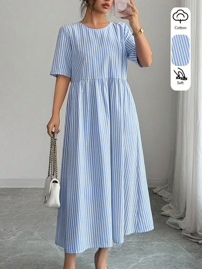 LUNE Women's Summer Casual Linen-Like Cotton Blue And White Stripe Round Neck Short Sleeve Dress,Retro Holiday,Vacation,Holiday Commuting Versatile Dress