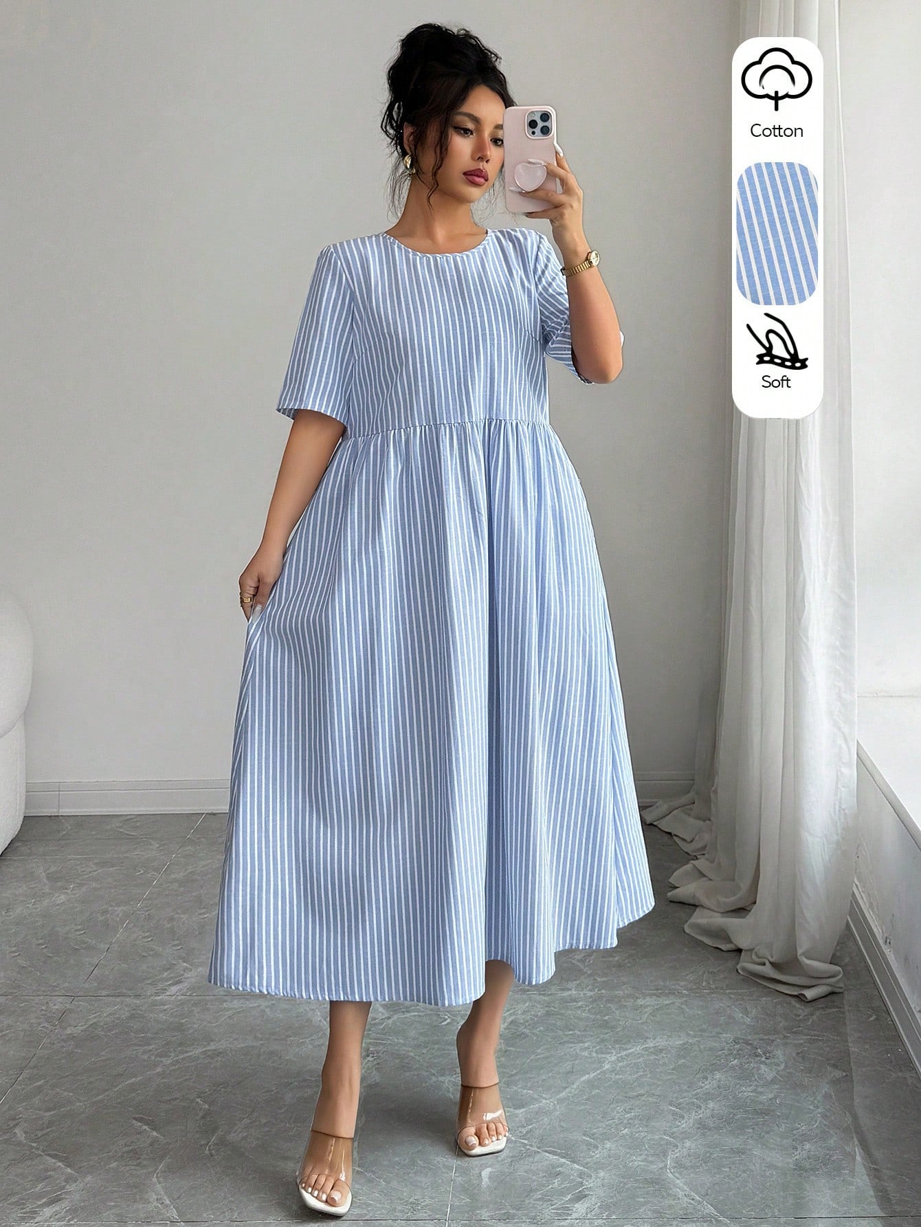 LUNE Women's Summer Casual Linen-Like Cotton Blue And White Stripe Round Neck Short Sleeve Dress,Retro Holiday,Vacation,Holiday Commuting Versatile Dress