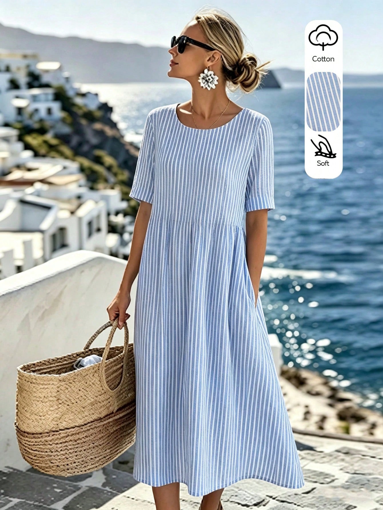 LUNE Women's Summer Casual Linen-Like Cotton Blue And White Stripe Round Neck Short Sleeve Dress,Retro Holiday,Vacation,Holiday Commuting Versatile Dress